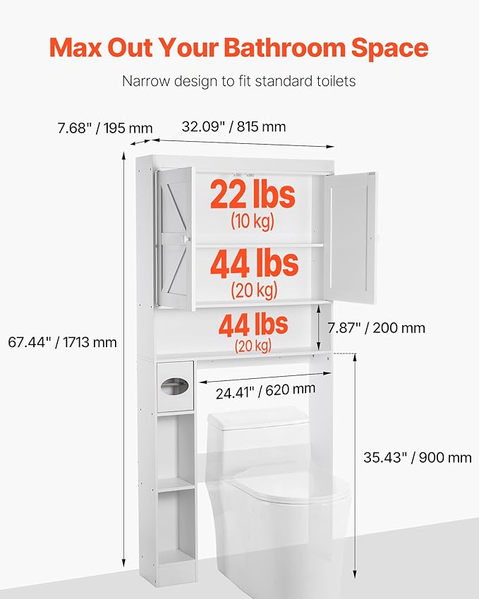 VEVOR Over The Toilet Storage Cabinet, 67.44‘’ Height Bathroom Storage Cabinet Over Toilet with Barn Door and Adjustable Shelf, Bathroom Space-Saving Toilet Rack White Wood with Open Shelf