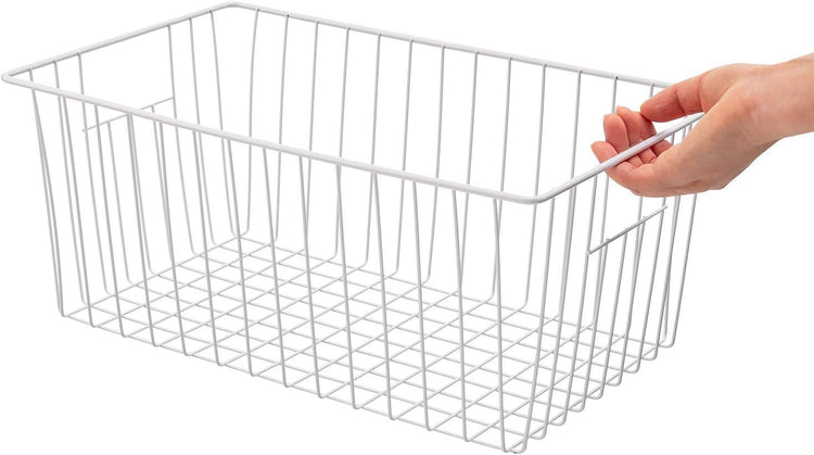 16Lx12Wx6H inch Wider Freezer Organizer Baskets Container, Refrigerator Metal Wire Storage Bins with Handles for Kitchen, Pantry, Cabinet, Closets - Pearl White(4 Packs