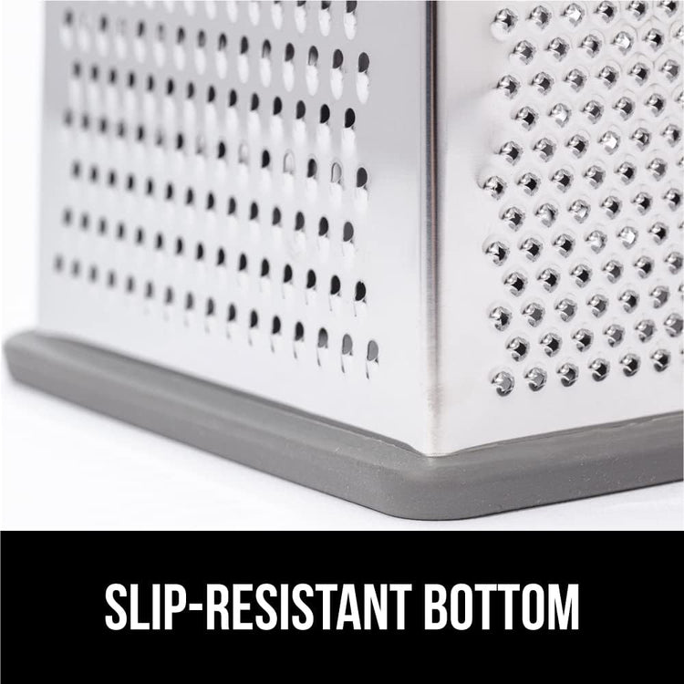 GORILLA GRIP 4-Sided 100% BPA-Free Cheese Grater With Container, Stainless Steel XL Box Graters, Parmesan Shredder, Grate Cheeses, Shred Veggies, Slip Resistant Handle, Dishwasher Safe Zester, Gray