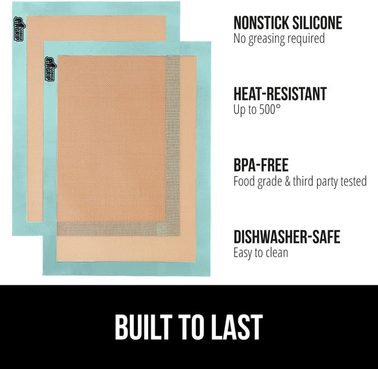 GORILLA GRIP Reusable Nonstick Silicone Baking Mat, 2 Pack, BPA-Free Oven Safe Food Liner, For Cookie Sheets, Toaster Ovens, Easy Clean Kitchen Pastry Mats, 11.75x8.25, Small Quarter Sheet Size, Mint
