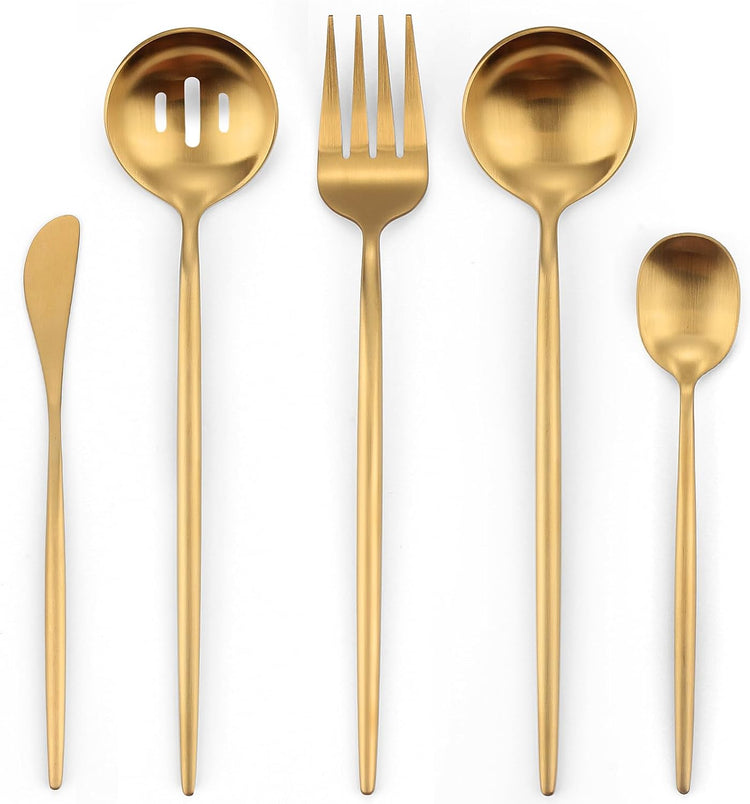 Matte Gold Serving Set,Oliviola 5-Piece Stainless Steel Large Hostess Set with Round Edge, Satin Finished, Dishwasher Safe -Large Spoon, Large Fork,Butter Knife,Sugar Spoon & Slotted Spoon