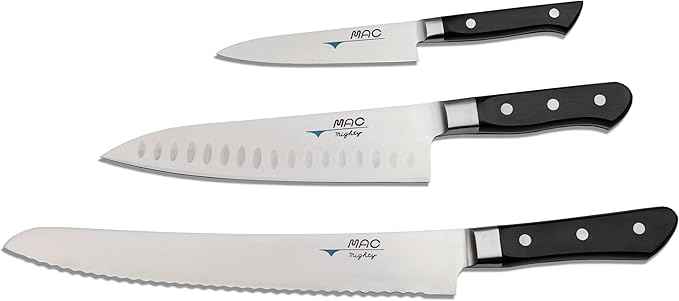 MAC Knife set Professional series 3-piece PRO-31, MTH-80 Pro series 8" Chef's knife w/dimples, PKF-50 Pro series 5" Paring knife, MSB-105 Pro series 10.5" Bread/Roast slicer, made in Japan