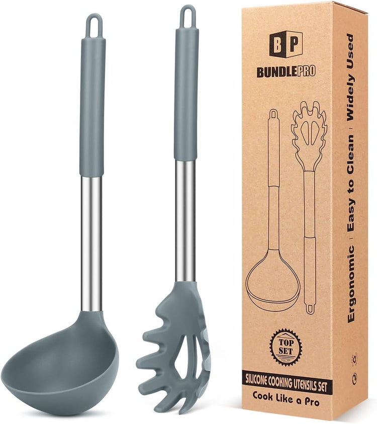 Silicone Pasta Fork and Ladle Spoon Set, Large Non Stick Kitchen Utensils for Cooking,Stirring,Serving Spaghetti, Soup, Sauce (GRAY)