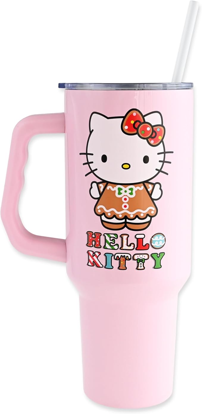 Silver Buffalo Sanrio Hello Kitty Holiday Gingerbread Dress Double Walled Stainless Steel Tumbler with Handle, Fits in Standard Cup Holder, 40 Ounces