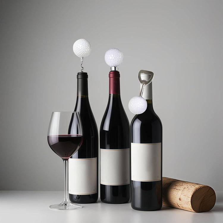 Golf Ball Wine Bottle Opener and Stopper Set (3 PCS), Zinc Alloy Wine Accessories with Stylish Golf Ball Design (1 Wine Bottle Opener and 2 Stoppers), Gift for Golf Enthusiasts