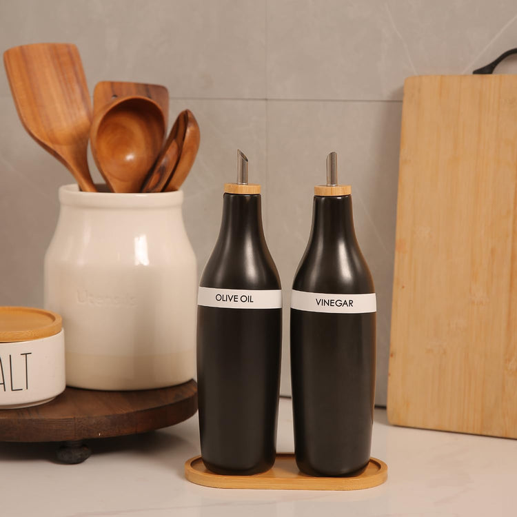 HOMCDALY Olive Oil and Vinegar Dispenser Set, Two 16oz Ceramic Oil Dispenser for Kitchen, Kitchen Dispenser Bottle for EVOO Vinegar Syrups, Modern Farmhouse Design| Set of 2 – Black