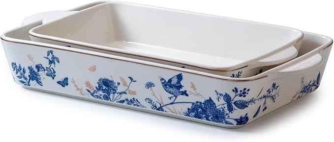 Baking Pans Set of 2 Blue flower 14 inch Ceramic for Oven Large Casserole Baking Dish Set with Handles Porcelain Bakeware Sets Casserole Dish for Oven/Cooking/Kitchen/Cake Dinner/Turkey/Pumpkin/Thanksgiving Holiday Gifts