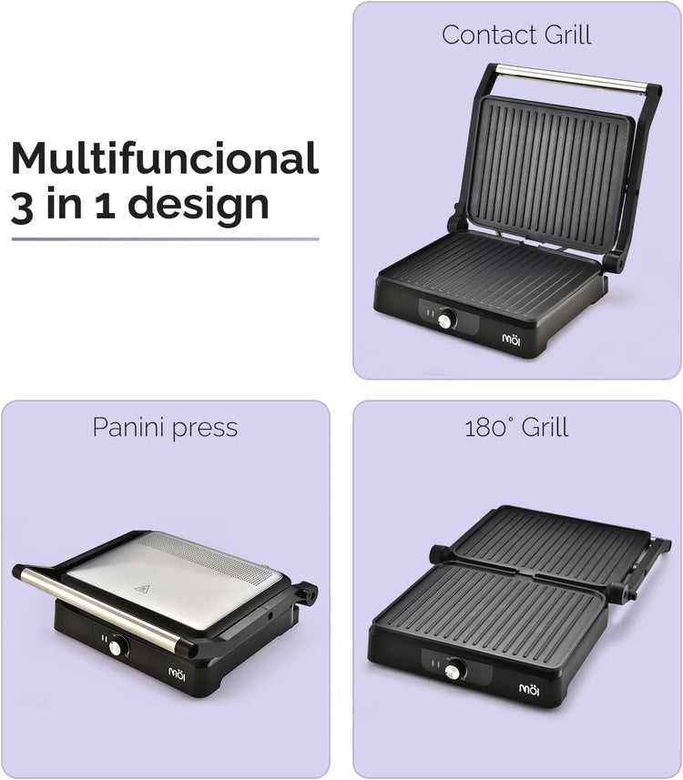 MOI Panini Press Grill & Sandwich Maker - 180Β° Dual-Plate Stainless Steel Grill Press for Paninis, Grilled Cheese, Burgers, Quesadillas, Breakfast, and More - 11 x 9 Inch Panini Maker with Drip Tray