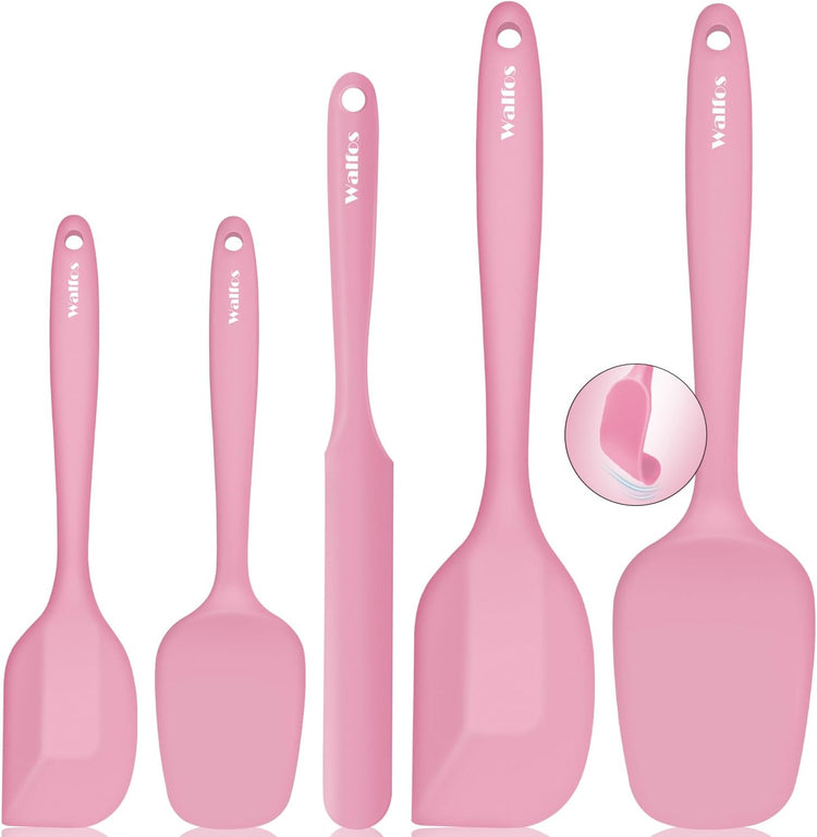 Walfos Silicone Spatula Set of 5 - (600°F) High Heat Resistant Kitchen Scraper Spatulas, One-Pieces Seamless Design, Perfect for Cooking Mixing & Baking - BPA Free and Dishwasher Safe(Pink)