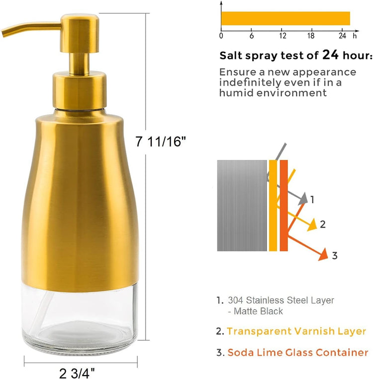 Soap Dispenser with Coaster and Stickers, Brushed Gold Stainless Steel Glass Hand Pump Dispenser, Anti Rust Bottle, for Kitchen & Bathroom Detergent Bottle,Refillable Hand Liquid Dispenser