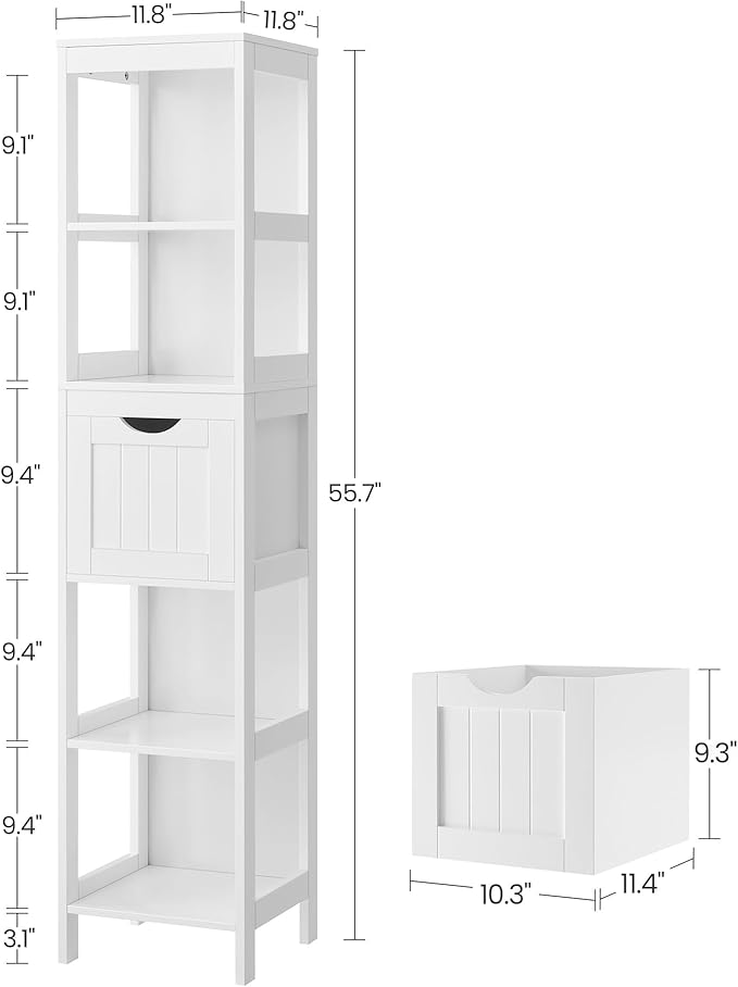 VASAGLE Storage Cabinet, Storage Organizer Rack Stand for Bathroom, Living Room, Bedroom, Multifunctional Corner Unit, 2 Drawers, 55.7 Inches in Height, White UBBC66WT