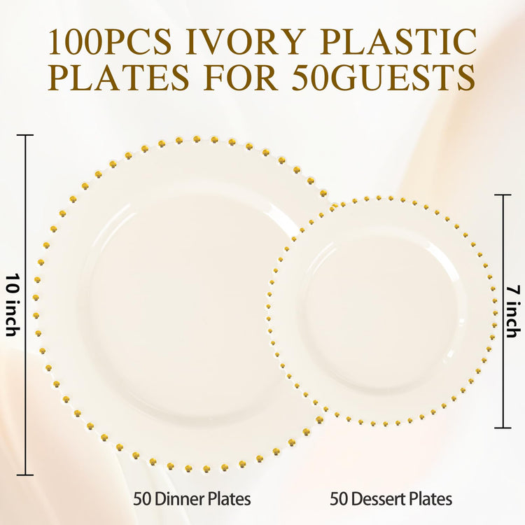100pcs Ivory Plastic Plates with Gold Beads for Wedding & Party (100 Count)