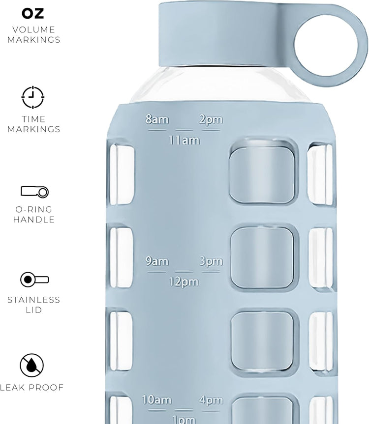 purifyou 40oz / 32oz / 22oz / 12oz Borosilicate Glass Water Bottle with Time & Volume Markers, Silicone Sleeve, Stainless Steel Lid – Reusable Glass Bottle for Water & Juice (22oz Ice Blue)