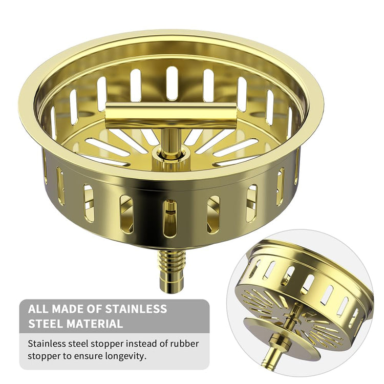 3-1/2 Inch Kitchen Sink Drain Assembly Stainless Steel Gold Kit with Strainer Basket/Rubber Stopper, Rustproof Durable Gold Finish Replacement for Standard Commercial Sink Drains