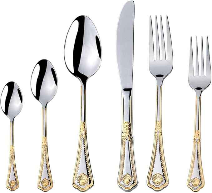 Venezia Collection Gold Flatware Serving Set for 12, 75-Pc Luxury Dining Silverware Cutlery Service, 24 Kt 18/10 Premium Surgical Stainless Steel Hostess Set in a Wooden Storage Case Chest (Miami)