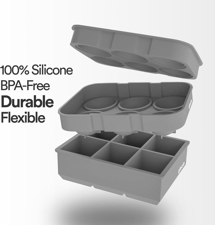 glacio Silicone Ice Cube Trays โ Large Silicone Molds for 2-Inch Ice Cubes and Spheres Whiskey Ice Cube Trays with Lids for Cocktails & Bourbon โ Set of 2