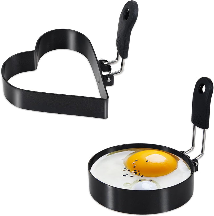 Round+Heart Egg Rings Set with Silicone Handle, Stainless Steel Egg Cooking Rings,Nonstick,For Frying Eggs and Egg Mcmuffins, Egg Mold For Breakfast