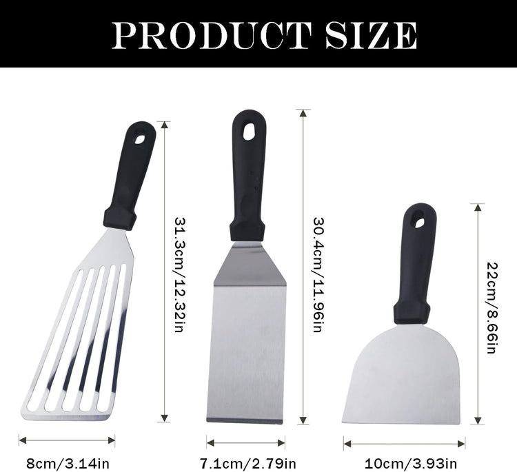 3pcs Stainless Steel Spatula Set Metal Fish Spatulas for Cast Iron Skillet Cooking Cooking BBQ Pancake, Fish, Smash Burger and Egg Kitchen Spatulas with Handle