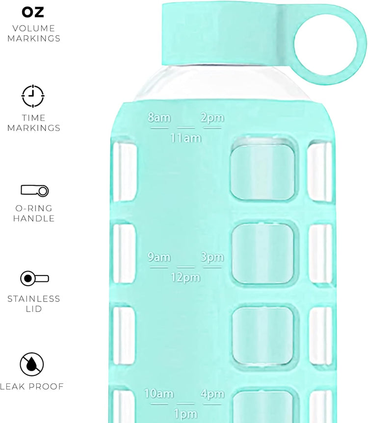 purifyou 40oz / 32oz / 22oz / 12oz Borosilicate Glass Water Bottle with Time & Volume Markers, Silicone Sleeve, Stainless Steel Lid – Reusable Glass Bottle for Water & Juice (22oz Glow-in-the-Dark)