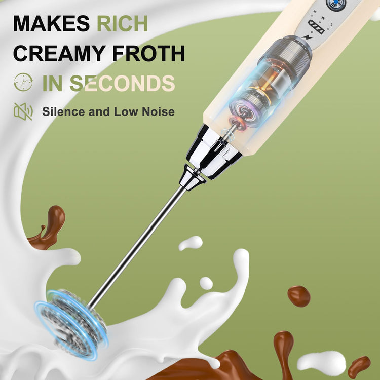 Beige Handheld Milk Frother Wand with Stand for Coffee
