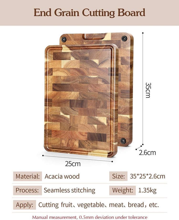 XINZUO Acacia Wood End Grain Cutting Board (13.8''L x 9.8''W x 1''T)-Wooden Chopping Board with Non-Slip Feet, Side Handles and Juice Groove