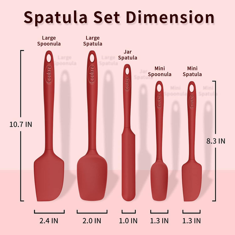 Coukre Silicone Spatula Set of 5,High Temperature Resistant, Food Grade Silicone, Dishwasher Safe, for Baking, Cooking (Pure Red)