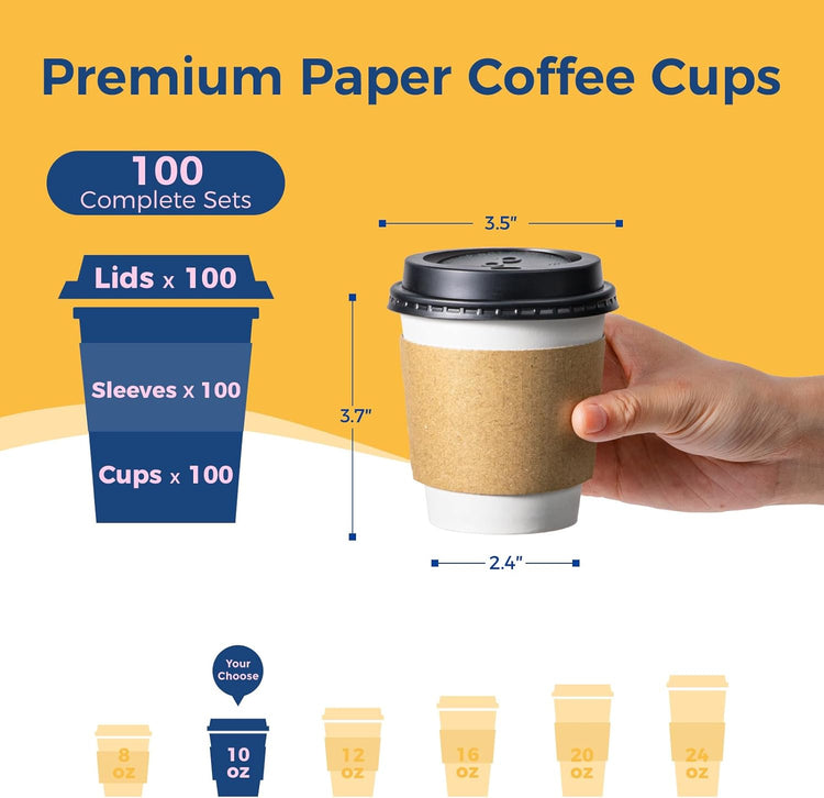 Fit Meal Prep 100 Pack 10 oz Disposable Coffee Cups with Lids, Sleeves, Leak-Proof To Go Coffee Cups with Lids, Durable Paper Cups for Hot Beverage, Home, Office, Party