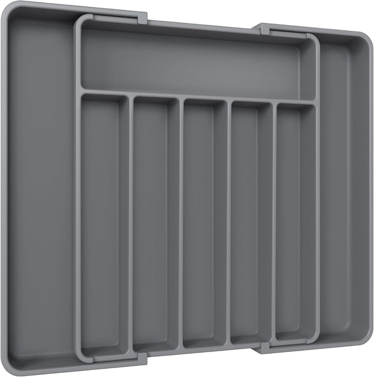 Aujen Silverware Organizer - Expandable Kitchen Drawer Organizer, Adjustable Utensil Organizer, Cutlery Tray for Forks, Knives, Multipurpose Kitchen Organizers and Storage Solution, Grey, Large