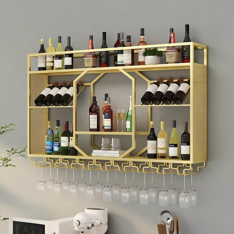 Wall Mounted Wine Rack, 3-Tiers Metal Bar Bottle Holder, Modern Wine Glass Storage Display Shelves, Wall Wine Rack for Kitchen Bar Dining Rooms Decoration (Gold, 63in/160cm)