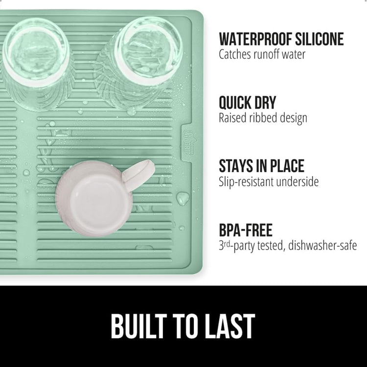 GORILLA GRIP 100% BPA-Free Patented Silicone Dish Drying Mat for Kitchen Counter, Water Catching Ribbed Design, Easy Clean Waterproof Sink Liner, Heat Resistant, Fits Under Rack, 16x12 Inch, Mint