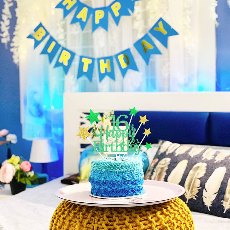 Green Gold 16th Birthday Cake Topper with Glittery Stars (7 Count)