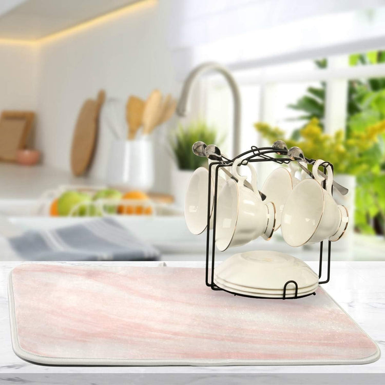 Super Absorbent Dish Drying Mat, Microfiber Fast-Drying Dish Mat, 24" x 18", Kitchen Dish Drying Pad, Pink Coral Marble