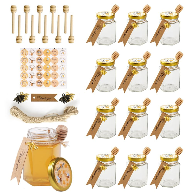 12 Pack 4oz Glass Hexagon Honey Jars Golden Lids