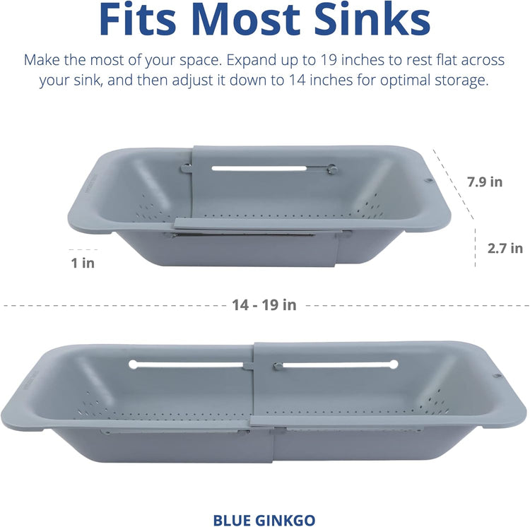 BLUE GINKGO Sink Colander Baskets - (Pack of 2) Wash Vegetables and Fruits, Drain Cooked Pasta and Dry Dishes - Extendable - New Home Kitchen Essentials (2 Grey)