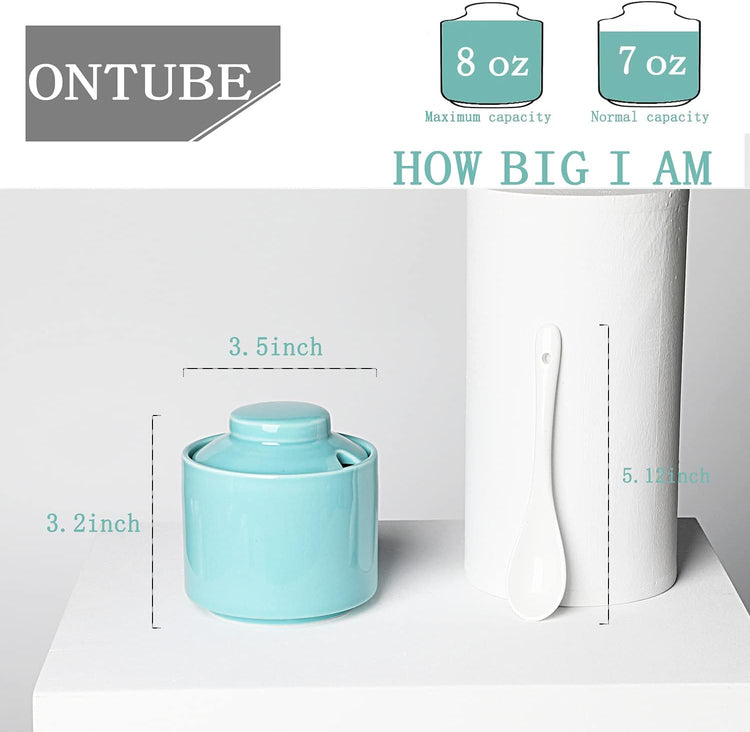 ONTUBE Ceramic Sugar Bowl with Lid and Spoon,Porcelain Seasoning Box Salt Bowl,8oz (Turquoise Blue)