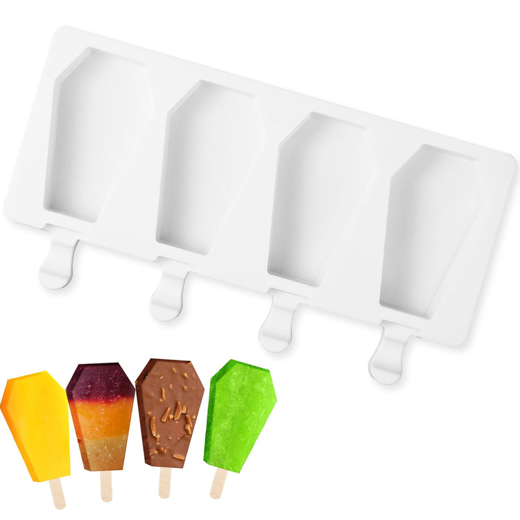 Halloween Coffin Shaped Mold Large 4 Cavity Reusable Silicone Cakesicle Cake Pop Ice Cream Mold for Halloween Adults Homemade Ice Cream Chocolate Candy DIY Trick Dessert Decorating