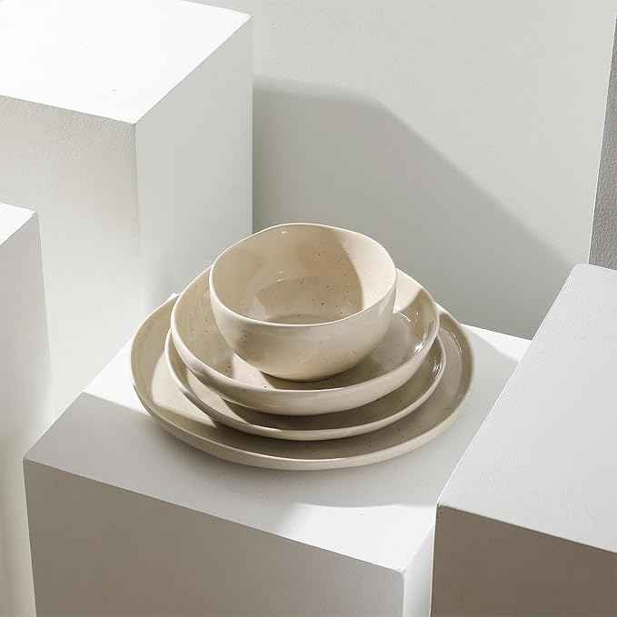 Stone Lain Mirella 4-Piece Pasta Bowl Set Stoneware, Microwave and Dishwasher safe, Beige