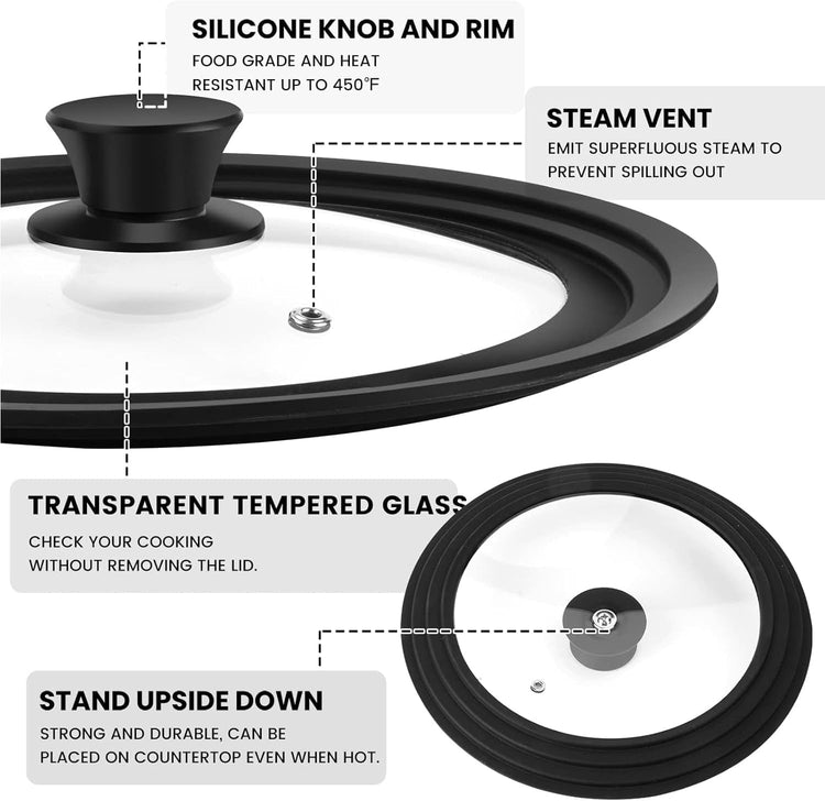 Universal Lid for Pots, Pans and Skillets, Tempered Glass Lid fit 9.5", 10", 11" Skillets, Pots, Frying Pans, Cast Iron, Crock Pot and Other Glass Covers Replacement