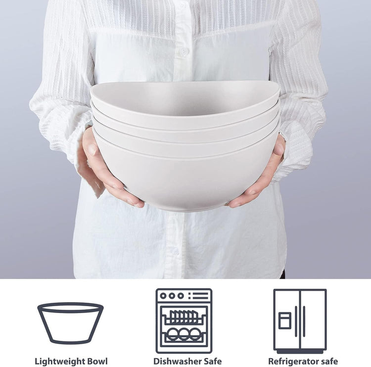 9.6'' Serving Bowls, 84oz Bamboo Fiber Salad Bowl Set of 4, Deep Serving Bowls Set, Large Oval Individual Bowls for Eating Salad/Pasta/Cereal/Pho, Ideal for Home & Restaurant (Matte White)