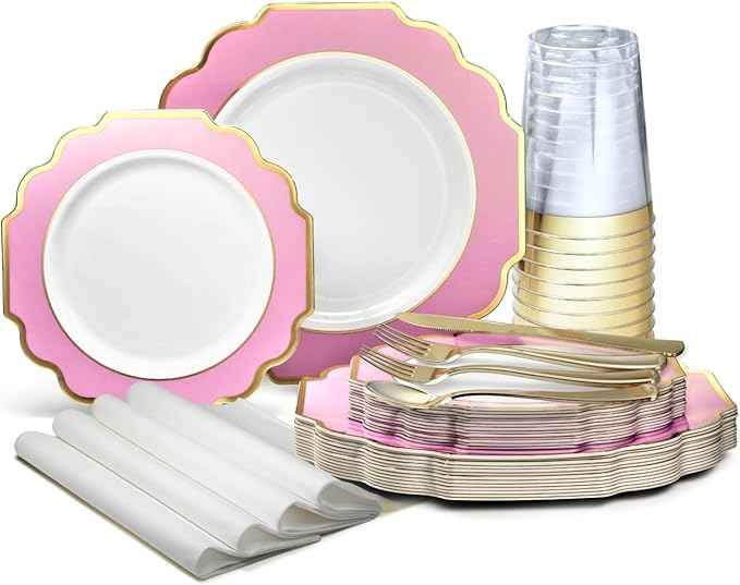 " OCCASIONS " 960 Piece set (120 Guests)-Heavyweight Wedding Party Disposable Plastic Plate Set - 120 x 10.5'' + 120 x 8'' + Silverware + Cups + Napkins (Imperial in Rose Pink & Gold)