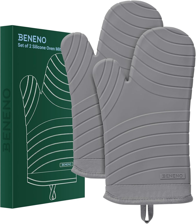 Beneno BPA-Free Silicone Oven Mitts, Heat Resistant Waterproof Oven Mitts with Non-Slip Textured Grip, Comfortable Quilted Lining, Kitchen Pot Holders for Cooking, Baking, Grilling, 7"x13", 2Pcs Gray