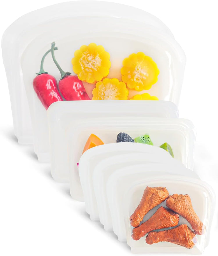 Reusable Silicone Storage Bag, 8Pack Pocket, Snack, and Sandwich Bag, Endurables Seal-Top Silicone Bags for Food Storage, Freezer, Microwave, Oven, Dishwasher Safe (Clear)