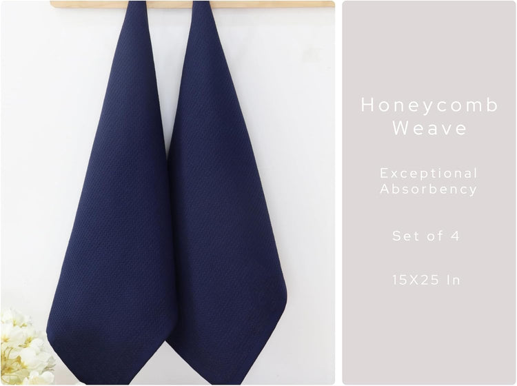 PurpleEssences Waffle Weave Kitchen Towel, 100% Cotton - 15 x 25 Inches, with Hanging Loop Ultra Soft Absorbent Quick Drying Dish Cloth, Tea and Hand Towels, 4 Pack - Navy Blue - Nestoria