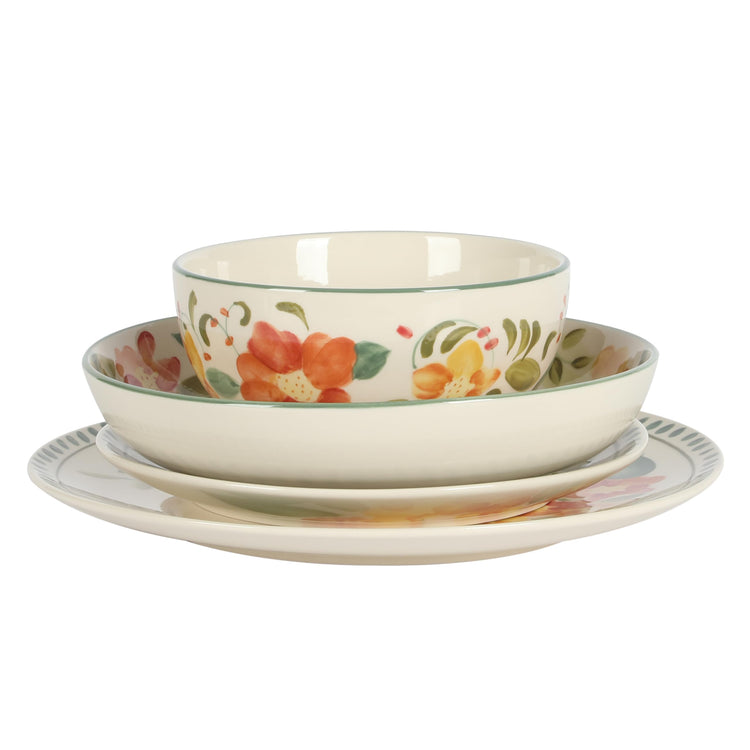 Cassia Bud 16 Piece Double Bowl Hand Painted Stoneware Plates and Bowls Floral Dinnerware Set