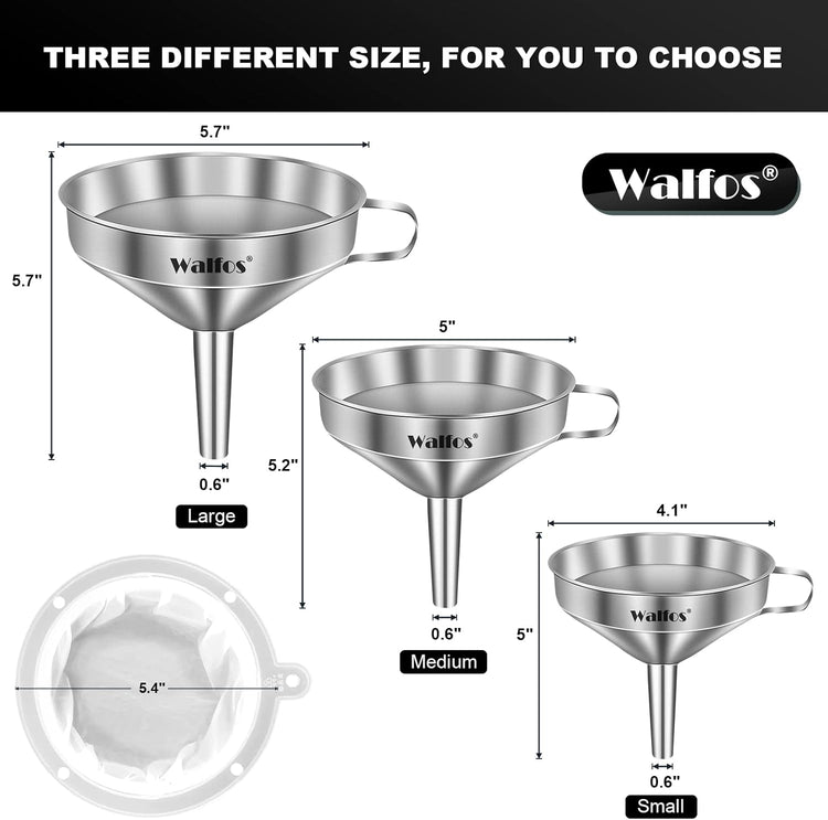 Walfos 3Pcs Kitchen Funnel with 2 Removable Strainer & 1 Cleaning Brush & 1Pc 200 Mesh Food Filter Strainer, Food Grade Stainless Steel Funnel for Transferring of Liquid, Oils, Jam, Dry Ingredients