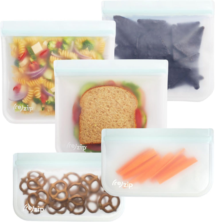 re) zip 5-Piece Flat Lunch Reusable Food Storage Bags, BPA-Free, Leakproof, Freezer Safe, Dishwasher Safe, Travel Friendly, (3) Sandwich (3.5-Cup/28-Ounce), (2) Snack 1-Cup/8-Ounce Bags, (Clear)