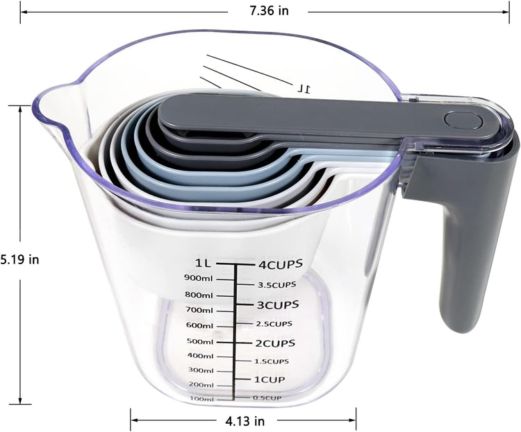 19 Pieces Measuring Cups and Spoons set, Includes 10 Stackable Measuring Cup with Lid and 9 Magnetic Measuring Spoons, Tablespoon for Liquid and Dry, BPA Free, Dishwasher Safe (Black)