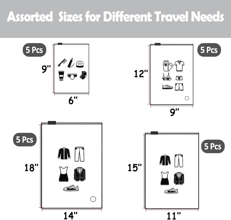 (20 pcs, 4 Sizes) Travel Luggage Organizer Bags, 4 Mil Slider Zip Plastic Clothing Packaging Bags, Travel/Home Storage and organizing pouches, Space Saver Bag (6''x9''-14‘’x18'')