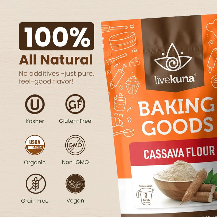 LiveKuna - Cassava Flour, Cassava Root Baking Flour, Gluten-free Flour, Alternative to All Purpose Flour, Spelt Flour, Great for Baking Vegan Bread and Casava Flour Tortillas - Nestoria