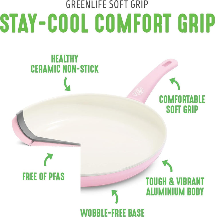 GreenLife 16 Piece Nonstick Cookware Set, Soft Grip Non-Toxic PFAS-Free Ceramic Pots & Pans, Dishwasher & Oven Safe, Frying, Sauce, Saute, Utensils, Glass Lids, Stay-Cool Handles, Wobble Free, Pink